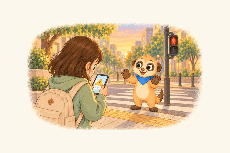 휴대폰을 보며 횡단보도로 걸어가는 아이 앞에서 미어캣 마스코트가 두 손을 들어 멈추라고 알리는 그림. 자녀 폰에는 노란 경고 표시가 떠 있다