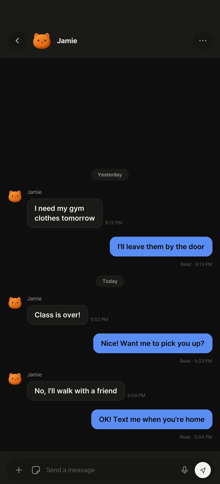 Parent's chat with Jamie about getting home from class