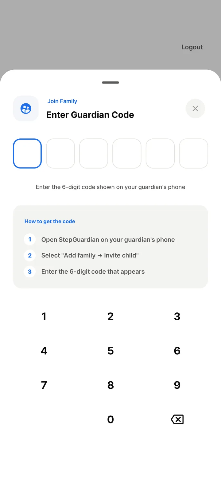 Enter Guardian Code screen on the child's phone: six input boxes and a number pad